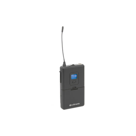Citronic RUBP-PLL UHF beltpack transmitter in matte black with backlit LCD, flexible antenna and threaded 3.5mm jack, shown on a white background.