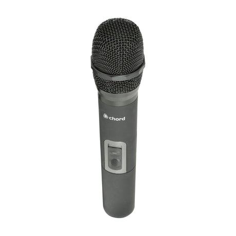 Chord NUHH-863.1 handheld wireless microphone transmitter with dark mesh grille, matte black body and side power switch, shown on a plain white background.