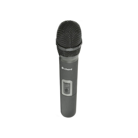 Chord NUHH-864.1 handheld wireless microphone transmitter with black mesh grille, dynamic capsule, and power switch on the shaft, shown on a white background.