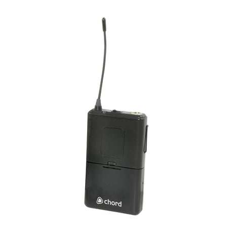 Chord NUBP-863.1 UHF beltpack transmitter in black plastic casing with upright antenna and threaded 3.5mm jack, shown on a plain white background.