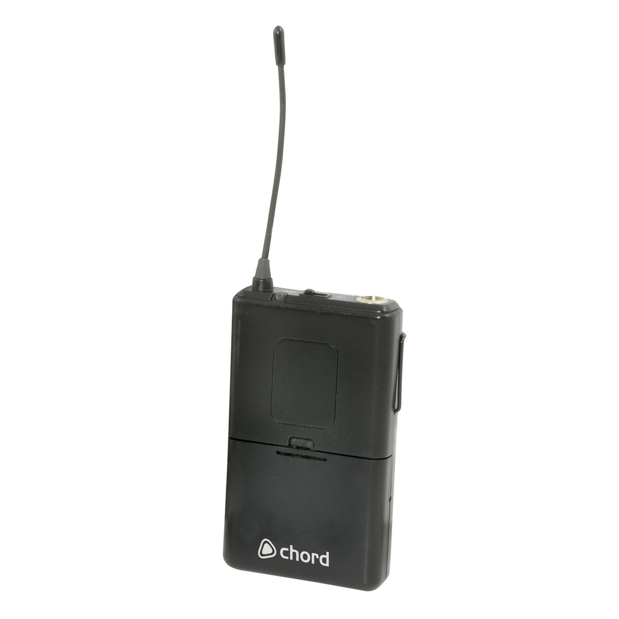 The Chord Beltpack Transmitter 863.1MHz for NU1, featuring a black design, short antenna, and Chord logo at the base, stands upright against a white background—perfect for lavalier mics and compatible with Chord NU1 systems.