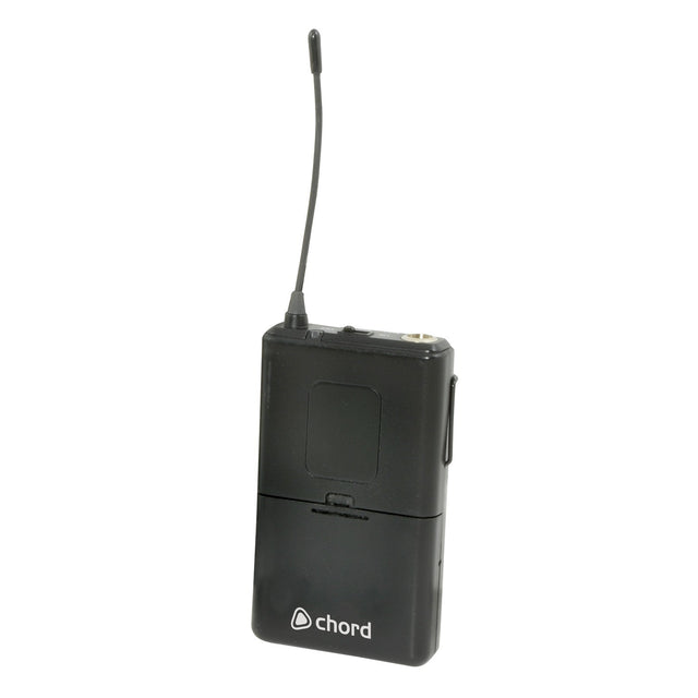The Chord Beltpack Transmitter 863.1MHz for NU1, featuring a black design, short antenna, and Chord logo at the base, stands upright against a white background—perfect for lavalier mics and compatible with Chord NU1 systems.