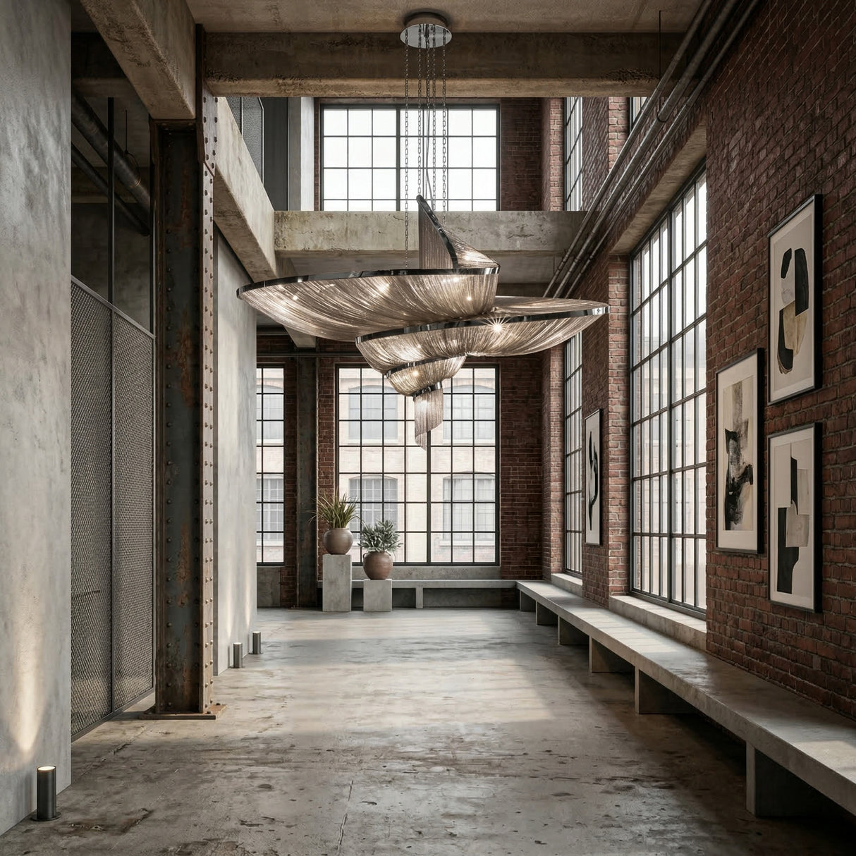 Industrial-style interior with exposed brick, large windows, and concrete floors. The Stratiform 20 Light Metal Chain Veil Chandelier in Nickel adds a modern touch. Minimalist benches line the wall, accented by potted plants and framed art.