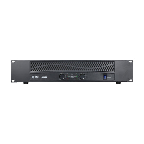 QTX QA400 dual channel 2U rack mount power amplifier with vented top, two level knobs, clip, signal and protect LEDs, and blue power switch.
