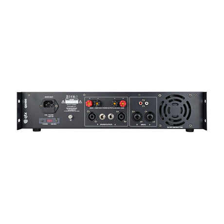 Rear panel of the AVSL QTX QA400 rack mount power amplifier showing IEC mains inlet, speaker binding posts, combo and RCA inputs, and cooling fan.