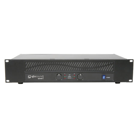 A QTX QA400 Power Amplifier in black, featuring a dual-channel setup with a metal rackmount design. The front panel includes two knobs, LED indicators, and a power button, with the brand logo on the left side, emphasizing its high power delivery capabilities among amplifiers.