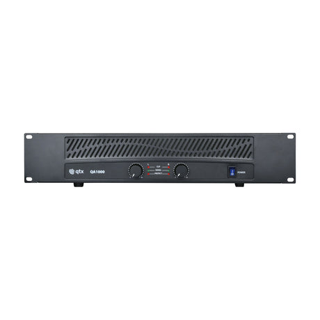 QTX QA1000 dual channel 2U rack power amplifier in black with two rotary controls, LED indicators, and power switch, shown on a plain white background.