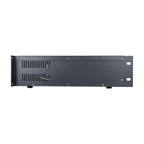 Side view of the QTX QA1000 dual-channel 2U rack power amplifier in matte black steel casing with ventilation slots and rack ears.
