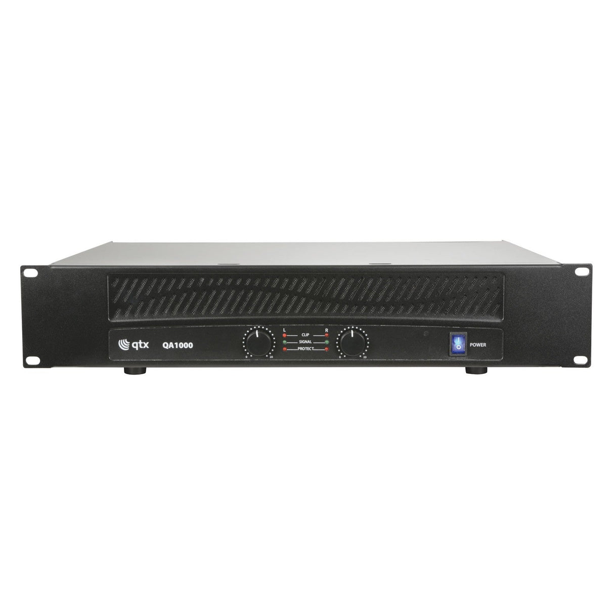 The QTX QA1000 Power Amplifier is a high-power unit in black that offers dual channel functionality. It is designed with two control knobs, indicator lights, a power button, and front panel ventilation.