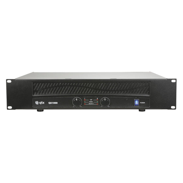 The QTX QA1000 Power Amplifier is a high-power unit in black that offers dual channel functionality. It is designed with two control knobs, indicator lights, a power button, and front panel ventilation.