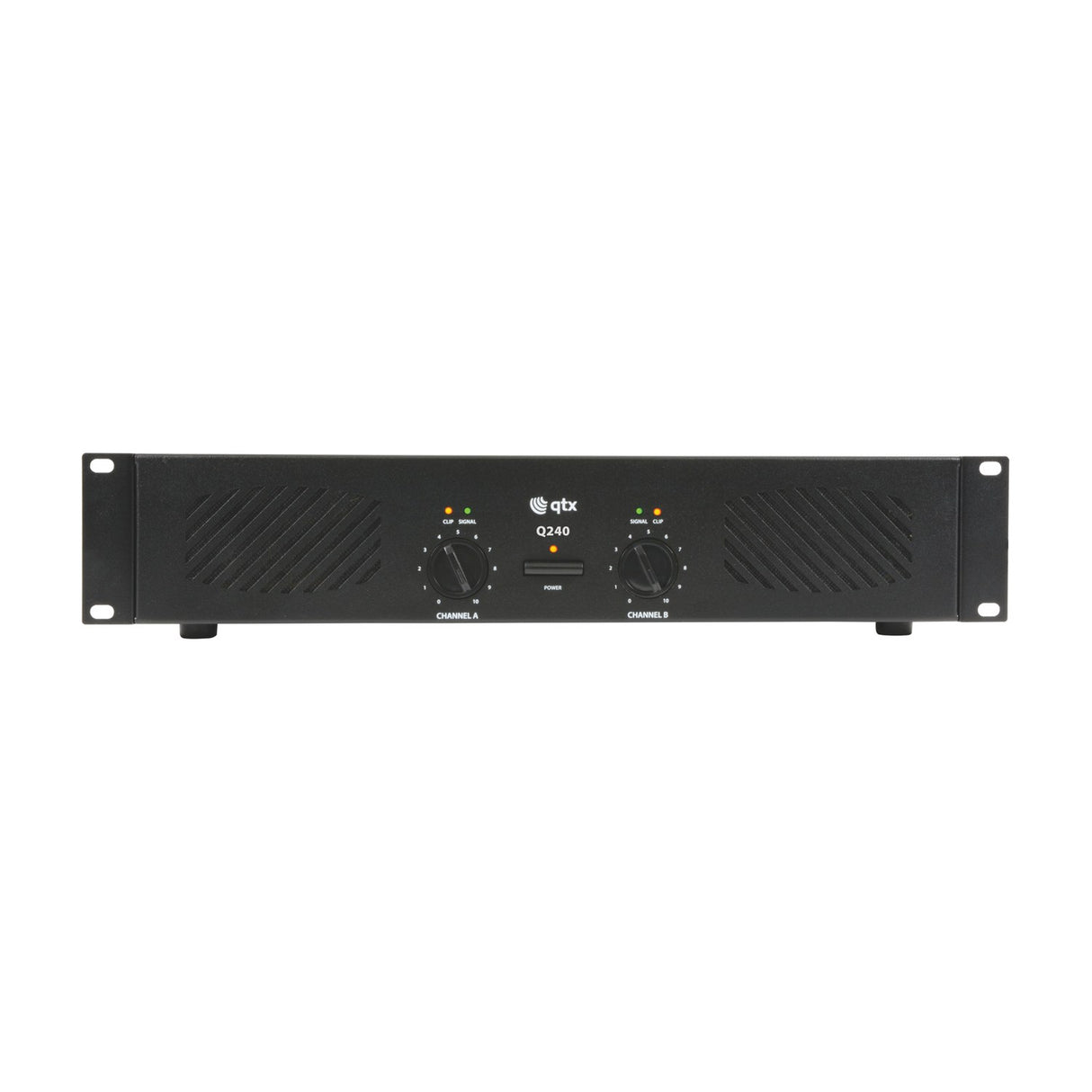 QTX Q240 stereo power amplifier in matte black 2U rack-mount casing with two channel volume knobs, clip and signal LEDs, and central power button.