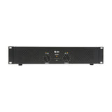 QTX Q240 stereo power amplifier in matte black 2U rack-mount casing with two channel volume knobs, clip and signal LEDs, and central power button.