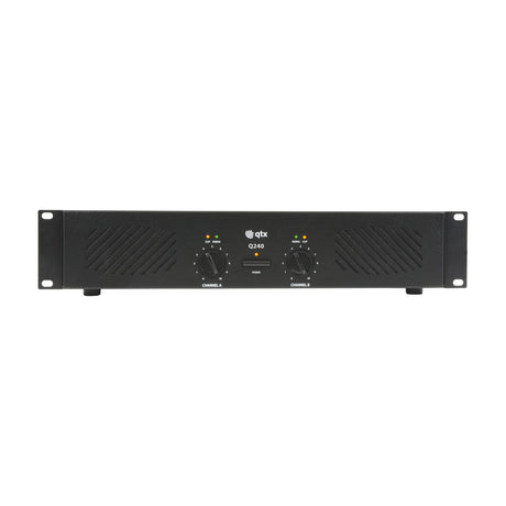 QTX Q240 stereo power amplifier in matte black 2U rack-mount casing with two channel volume knobs, clip and signal LEDs, and central power button.