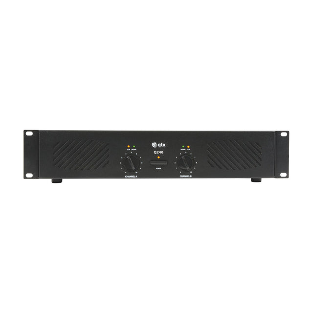 QTX Q240 stereo power amplifier in matte black 2U rack-mount casing with two channel volume knobs, clip and signal LEDs, and central power button.