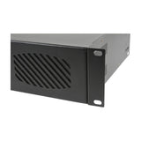 Close-up of the QTX Q240 stereo power amplifier's black rack-mount corner, showing side ventilation slots and a mounting ear with slotted screw holes.