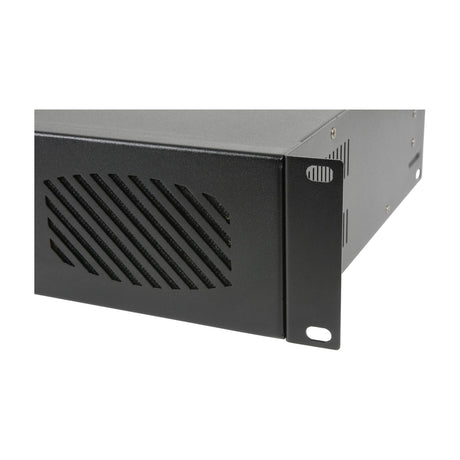 Close-up of the QTX Q240 stereo power amplifier's black rack-mount corner, showing side ventilation slots and a mounting ear with slotted screw holes.