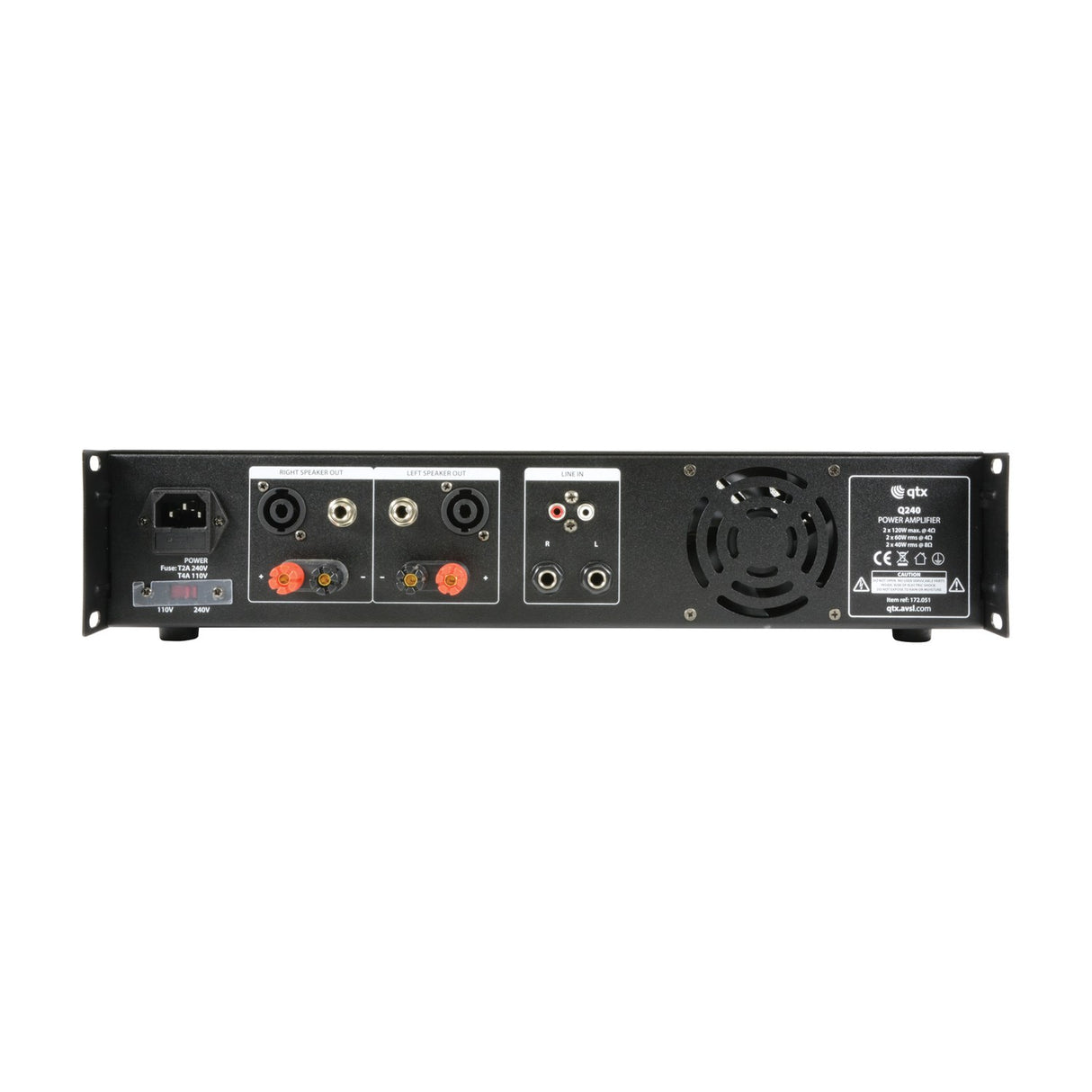 QTX Q240 stereo amplifier rear panel with IEC inlet, voltage selector, SPK and binding post outputs, RCA and jack inputs, and fan vent.
