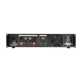 QTX Q240 stereo amplifier rear panel with IEC inlet, voltage selector, SPK and binding post outputs, RCA and jack inputs, and fan vent.
