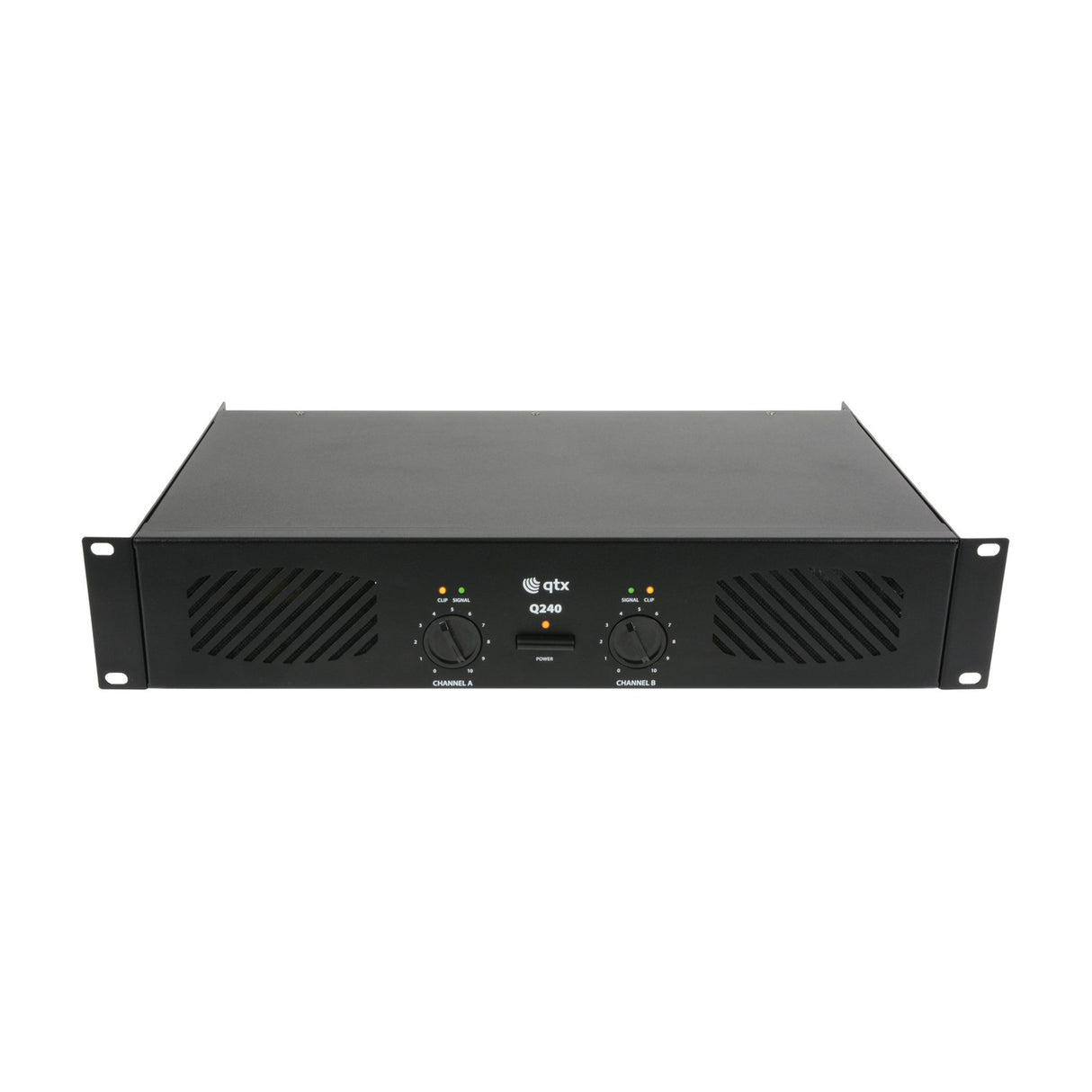 QTX Q240 2U rack-mount stereo power amplifier in black with dual channel volume knobs, clip and signal LEDs, and central power button on white.