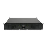 QTX Q240 2U rack-mount stereo power amplifier in black with dual channel volume knobs, clip and signal LEDs, and central power button on white.