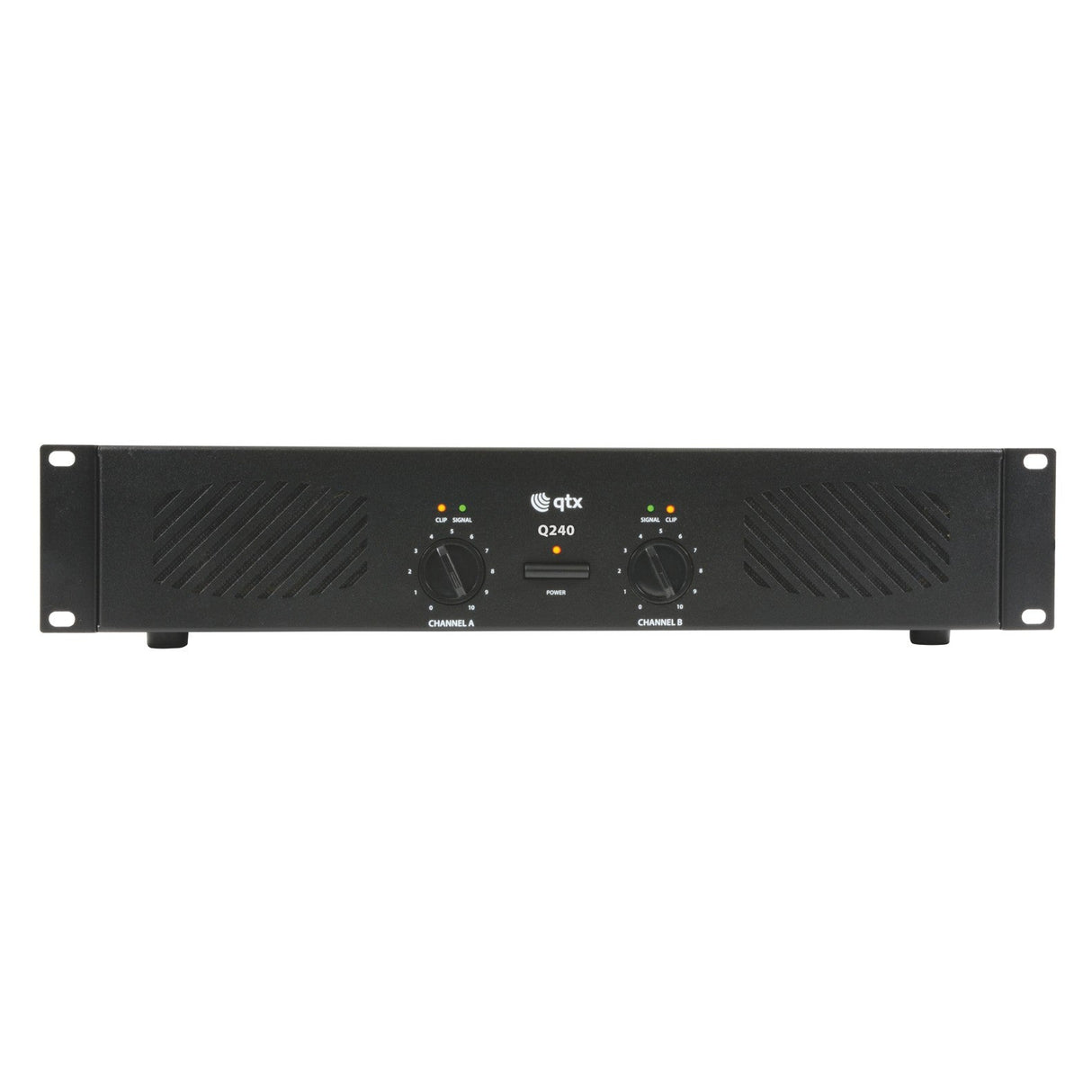 Front view of the QTX Q240 Power Amplifier 2 x 120W, a reliable stereo powerhouse for DJs and performers, showcasing two adjustable knobs for channels A and B, ventilation slits on both sides, and indicator lights positioned above the knobs. The unit is designed for rack mounting.