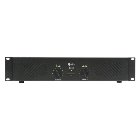 Front view of the QTX Q240 Power Amplifier 2 x 120W, a reliable stereo powerhouse for DJs and performers, showcasing two adjustable knobs for channels A and B, ventilation slits on both sides, and indicator lights positioned above the knobs. The unit is designed for rack mounting.