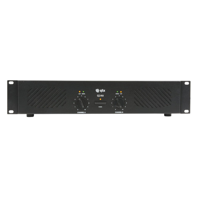 Front view of the QTX Q240 Power Amplifier 2 x 120W, a reliable stereo powerhouse for DJs and performers, showcasing two adjustable knobs for channels A and B, ventilation slits on both sides, and indicator lights positioned above the knobs. The unit is designed for rack mounting.