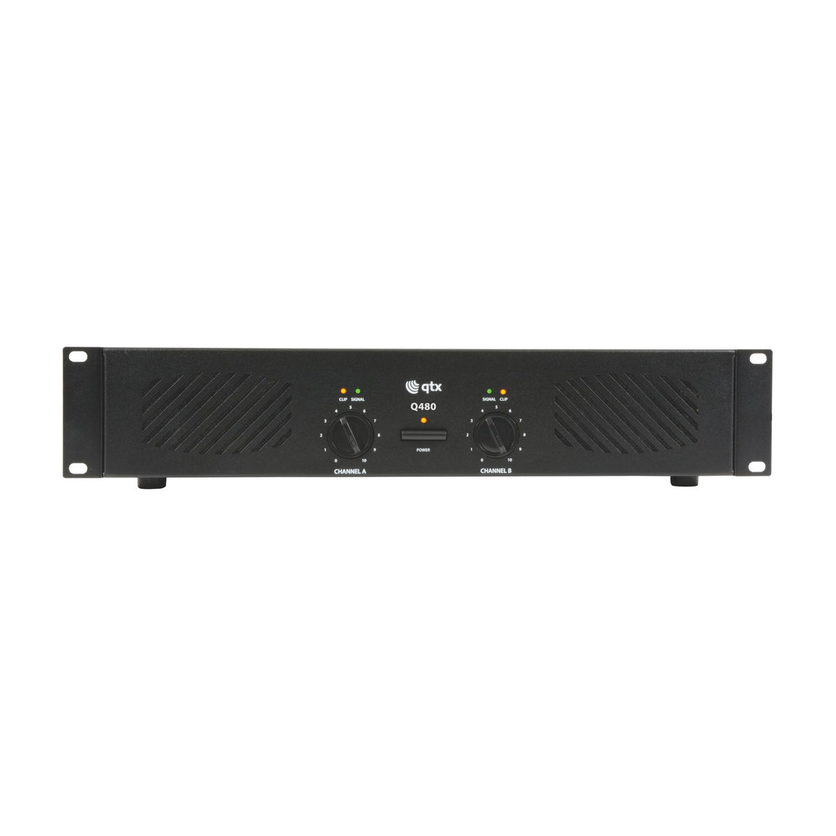 QTX Q480 black 2U rack-mount stereo power amplifier with dual channel volume knobs, clip and signal LEDs, and central power button on a white background.