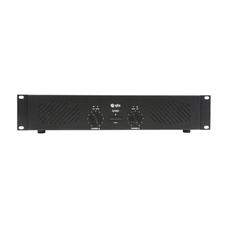QTX Q480 black 2U rack-mount stereo power amplifier with dual channel volume knobs, clip and signal LEDs, and central power button on a white background.