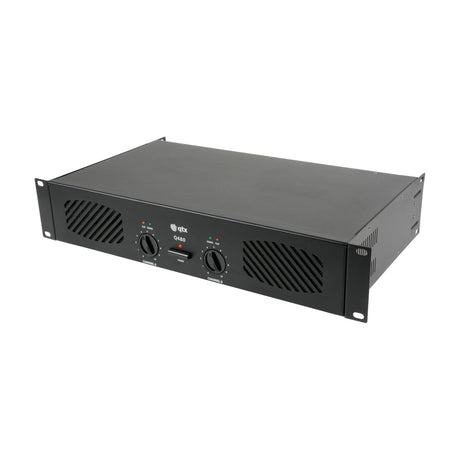 QTX Q480 stereo power amplifier in matte black 2U rack-mount casing with dual channel knobs, power switch, clip and signal LEDs, and side vents.