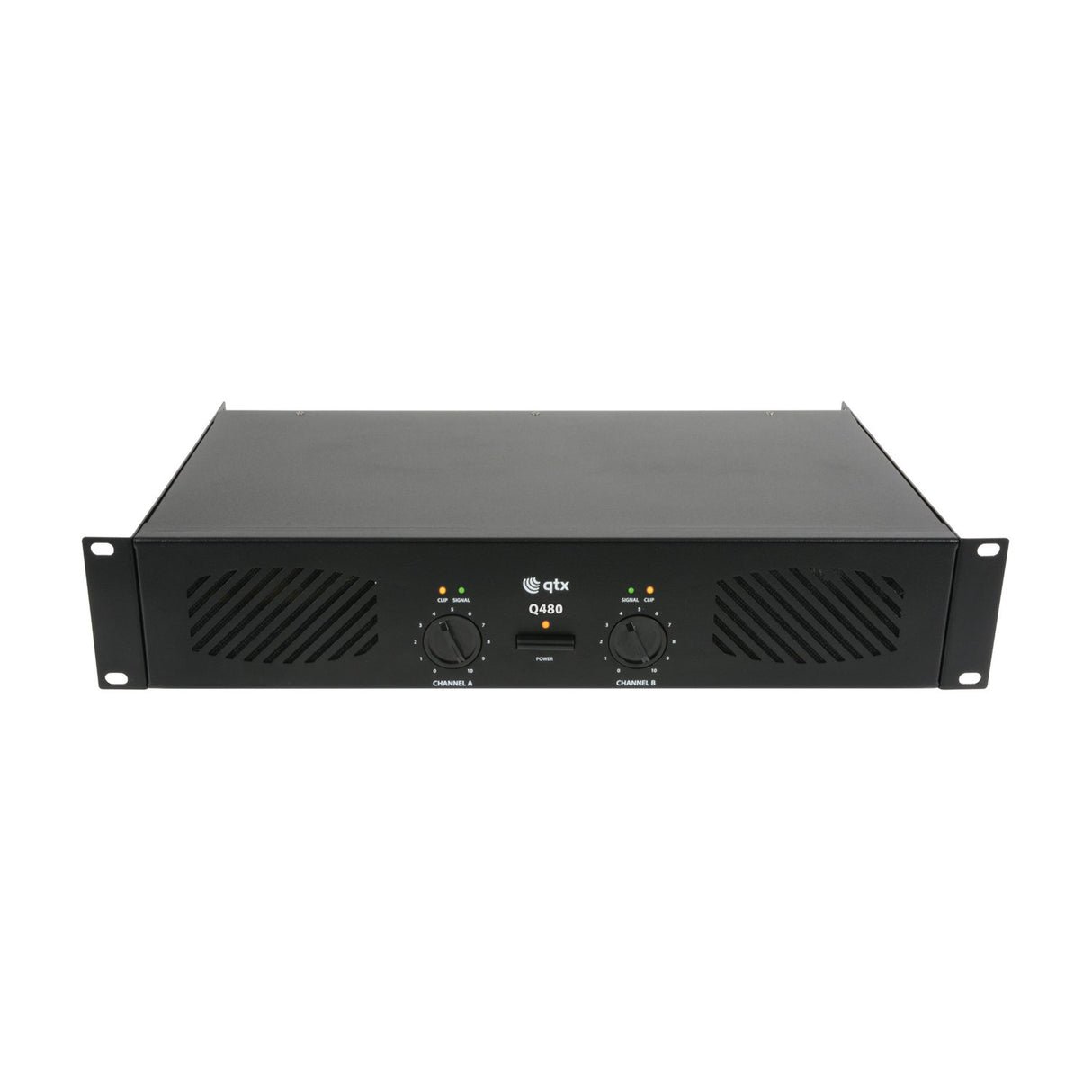 QTX Q480 2U rack-mount stereo power amplifier in matte black with dual channel volume knobs, power switch, signal and clip LEDs, and side vents.