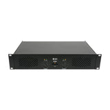 QTX Q480 2U rack-mount stereo power amplifier in matte black with dual channel volume knobs, power switch, signal and clip LEDs, and side vents.