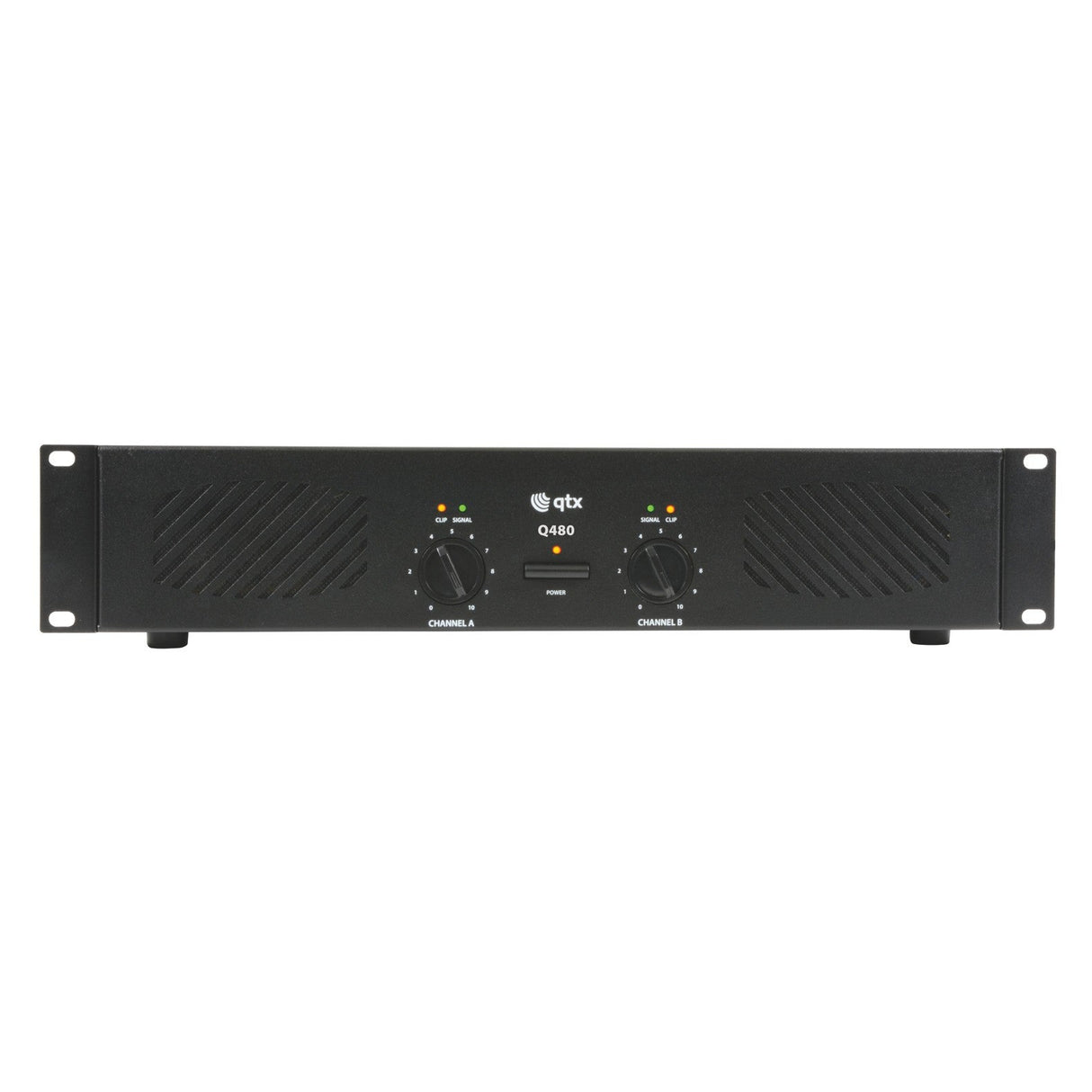 Front view of a black QTX Q480 Power Amplifier with two control knobs labeled Channel 1 and Channel 2. The rack-mountable device features vented panels and indicator lights above each knob, providing multiple input and output options in a minimalist design ideal for audio equipment racks.