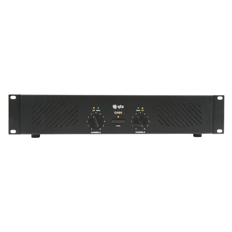 Front view of a black QTX Q480 Power Amplifier with two control knobs labeled Channel 1 and Channel 2. The rack-mountable device features vented panels and indicator lights above each knob, providing multiple input and output options in a minimalist design ideal for audio equipment racks.