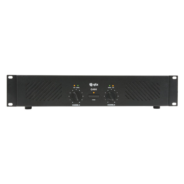 Front view of a black QTX Q480 Power Amplifier with two control knobs labeled Channel 1 and Channel 2. The rack-mountable device features vented panels and indicator lights above each knob, providing multiple input and output options in a minimalist design ideal for audio equipment racks.