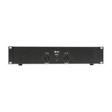 QTX Q600 stereo power amplifier in 2U black rack-mount casing with Channel A and B volume knobs, clip and signal LEDs, and central power button.