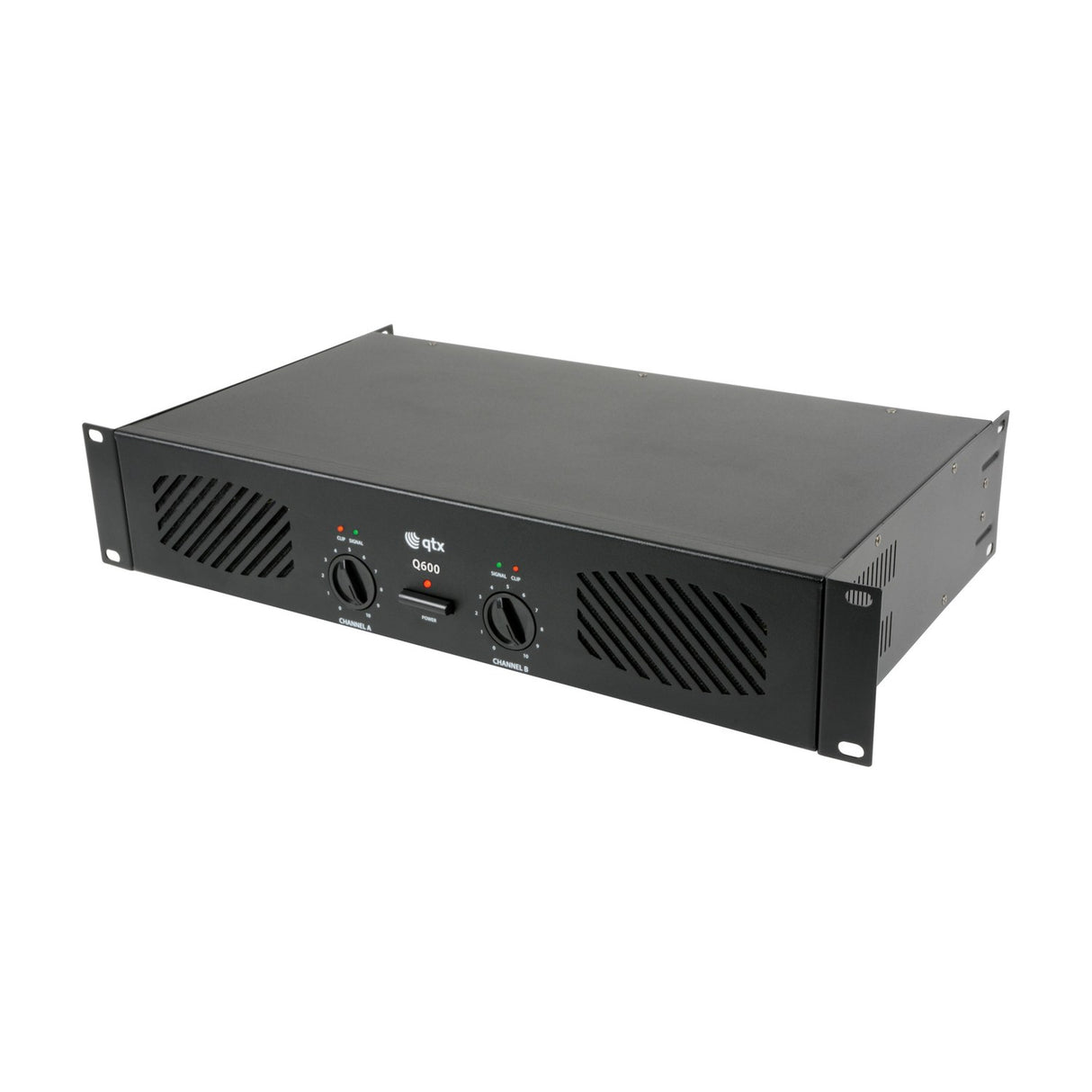 QTX Q600 stereo power amplifier in matte black 2U rack-mount casing with dual channel volume knobs, power switch, side vents and front LED indicators.