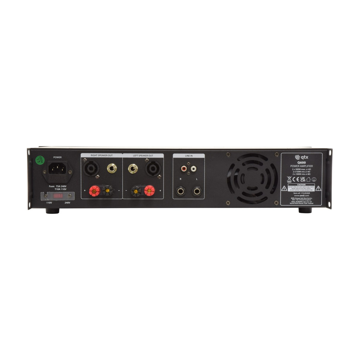 Rear panel of QTX Q600 stereo power amplifier showing IEC power inlet, voltage switch, speaker outputs, RCA and jack line inputs, and cooling fan.