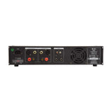 Rear panel of QTX Q600 stereo power amplifier showing IEC power inlet, voltage switch, speaker outputs, RCA and jack line inputs, and cooling fan.