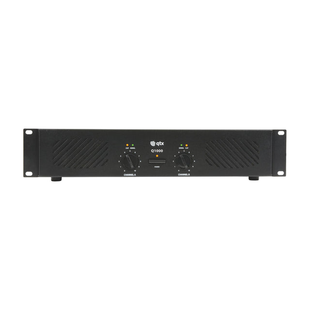 QTX Q1000 stereo power amplifier in a black 2U rack-mount casing with two channel volume knobs, central power button, signal and clip LEDs, and side vents.