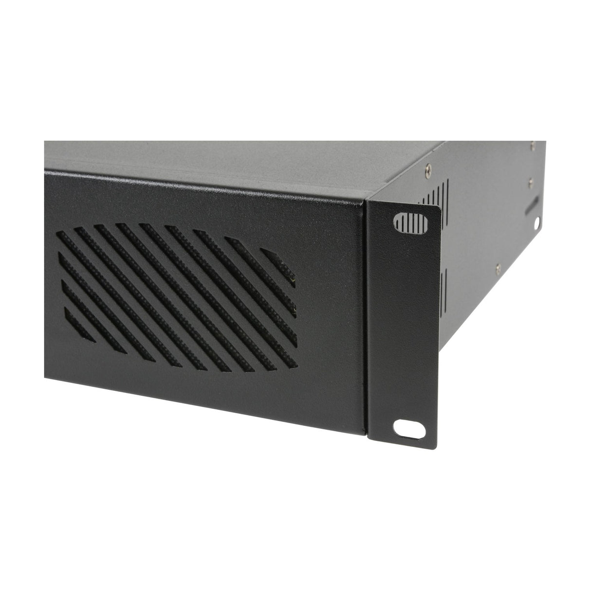 Close-up of the QTX Q1000 stereo power amplifier by AVSL, showing the black 2U rack-mount casing with side vent slots and front rack ear.