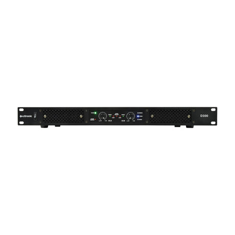 Citronic D300 Class-D stereo power amplifier in a 1U matte black rack housing with power switch, dual channel gain knobs, and mode indicators.