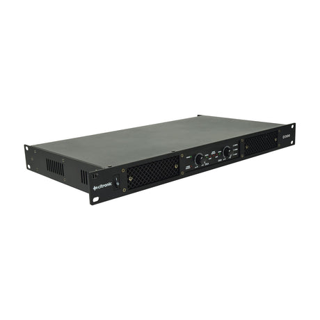 Citronic D300 Class-D stereo power amplifier in a black 1U rack housing with power switch, dual channel knobs, LED indicators and mesh vents.
