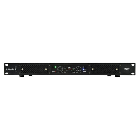 Front view of a Citronic D300 Class-D Amplifier 2 x 150W RMS. This 1U rack-mountable unit is black with two mesh grills, control knobs, and indicators on the front panel, featuring a Class-D circuit for efficiency and delivering a professional and straightforward design.