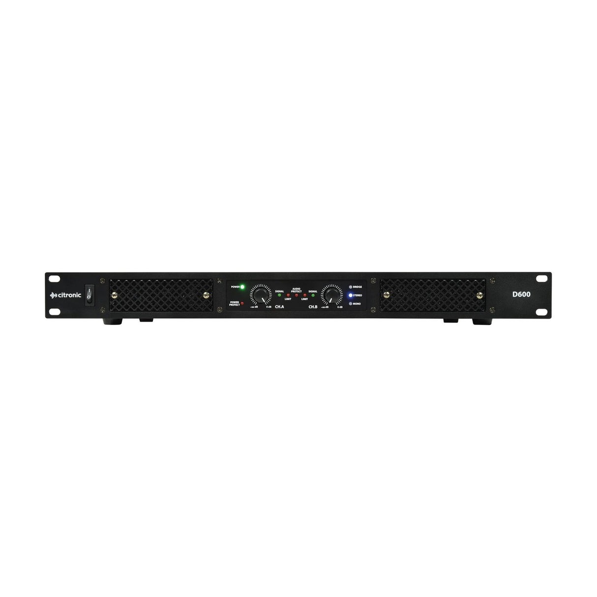 Citronic D600 Class-D 1U rack-mount stereo power amplifier with front power switch, dual channel volume knobs, LED indicators and mesh vents.