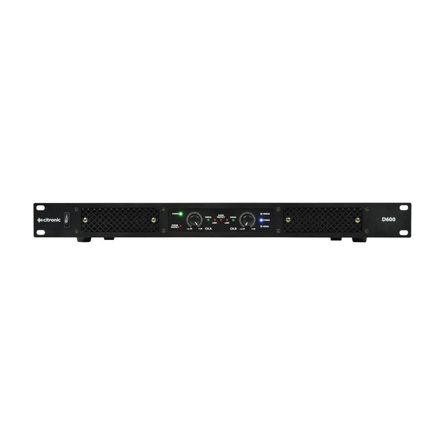 Citronic D600 Class-D 1U rack-mount stereo power amplifier with front power switch, dual channel volume knobs, LED indicators and mesh vents.