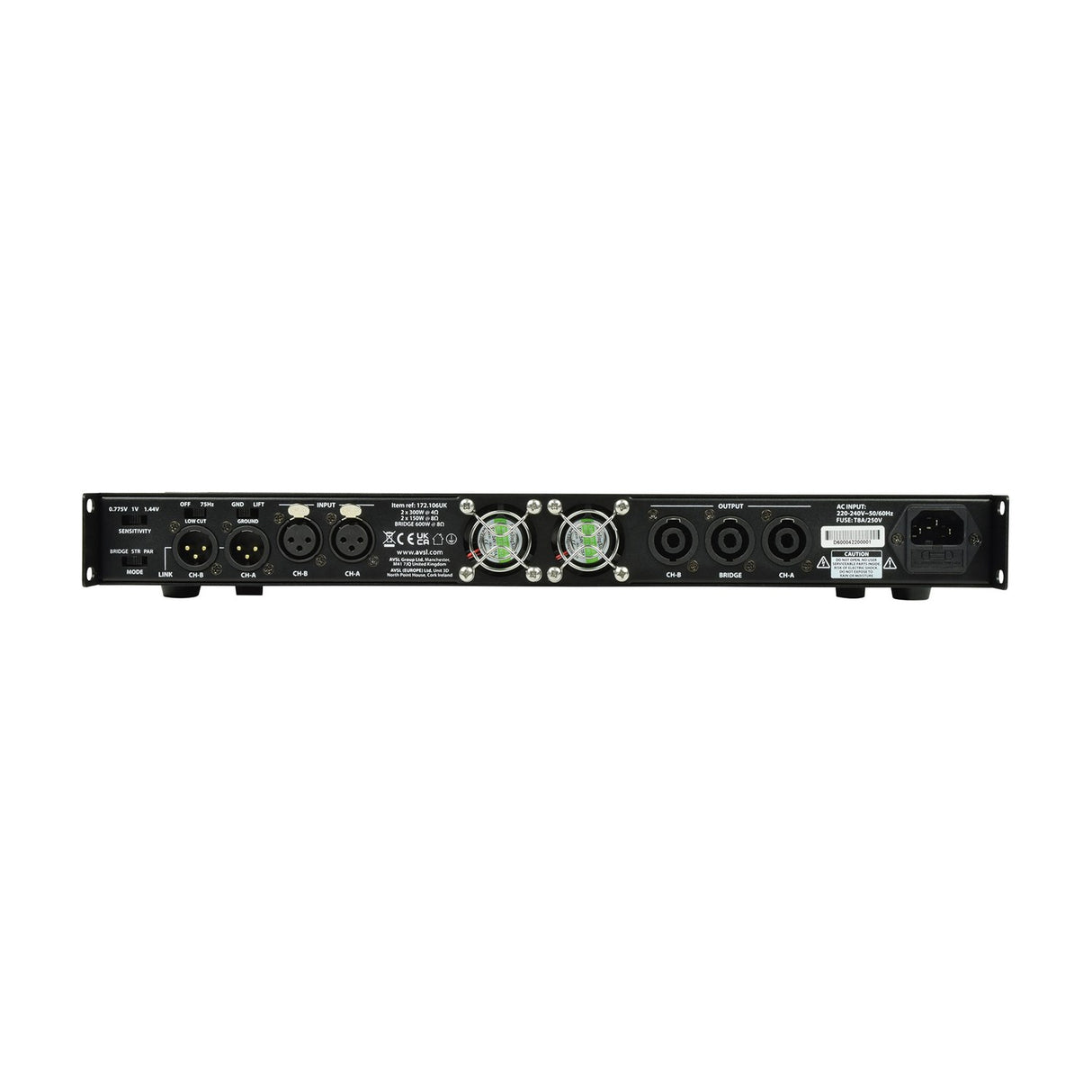Rear panel of the AVSL Citronic D600 Class-D power amplifier showing XLR inputs and throughputs, twin cooling fans, SPK outputs, and IEC mains inlet.