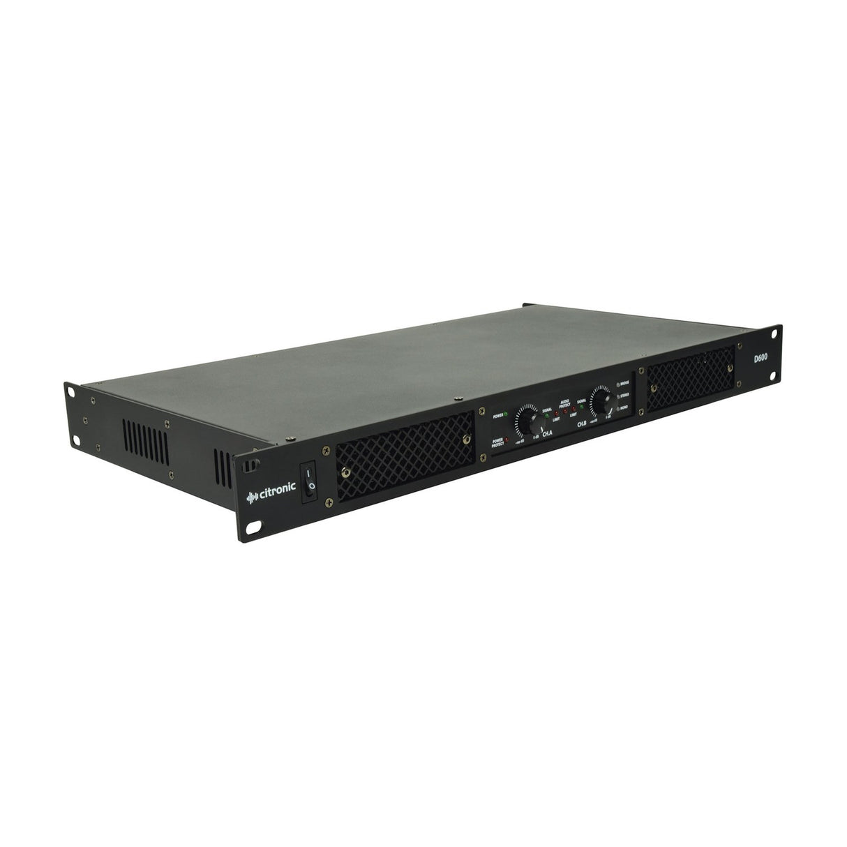 Citronic D600 Class-D power amplifier in a black 1U rack-mount casing with front power switch, dual channel knobs, status LEDs and mesh vents.