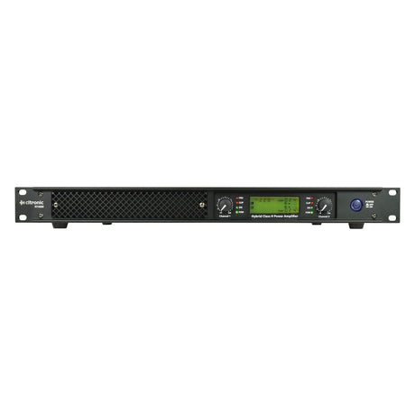 Front view of a Citronic H1600 Hybrid Amplifier, highlighting its black metal panel with ventilation on the left side. With class-H architecture, it includes knobs, a centrally located digital display with green backlighting, and buttons for precise control in sound reinforcement systems.