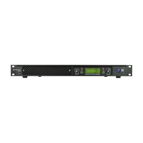 Citronic H2400 hybrid Class-H power amplifier in a 1U rack-mount housing with mesh vent, LCD display, two channel dials and blue power button.